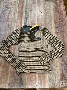 Minga London Long-Sleeve Brown and Tan Striped Henley